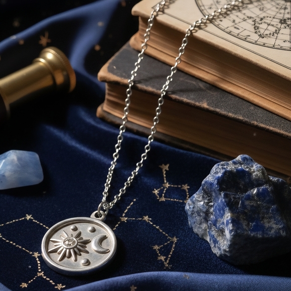 🆕️Celestial Sun & Moon Necklace 18K White Gold Plated Stainless Steel Medallion - Picture 5 of 11